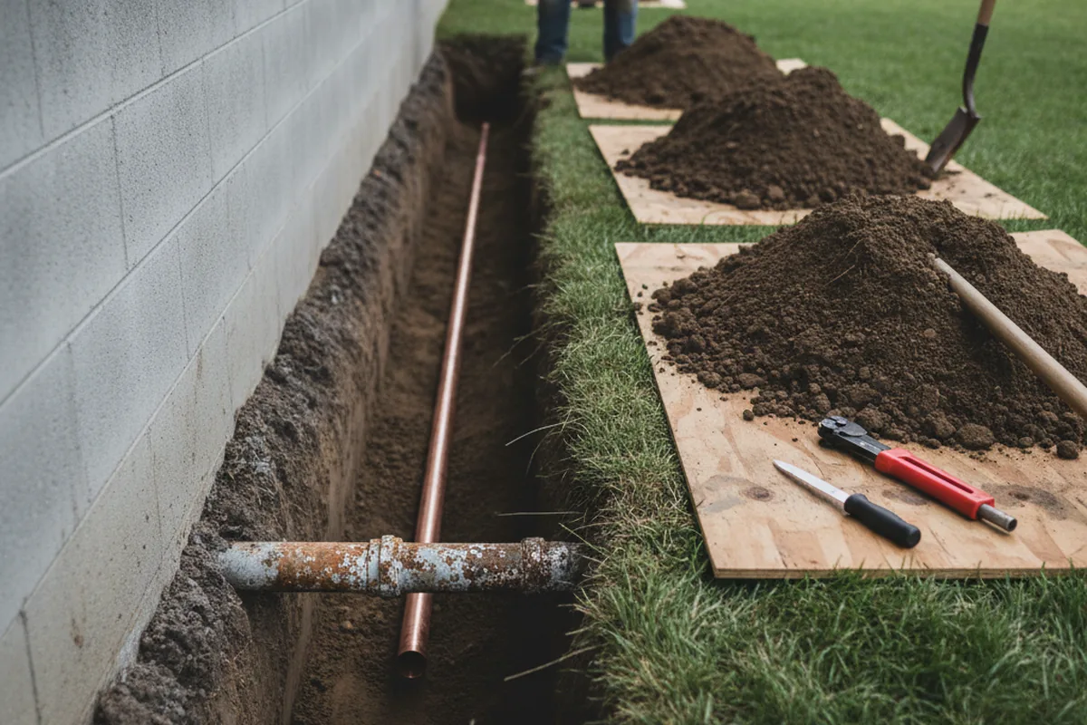 Excavated water line trench during Sewer Line Repair in Brownville